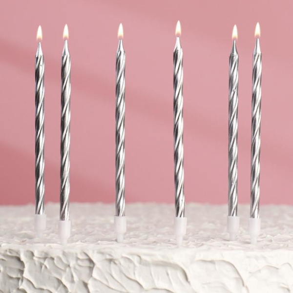 Свечи в торт "Металлик" , 14 см, 6 шт с подставкой, серебристые
