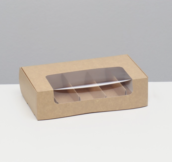 Коробка для эклеров и эскимо с окном, 25х15х6,6 см (5 ячеек), крафт