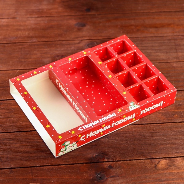 Коробка для 8 конфет + шоколад с окном "Снеговички"