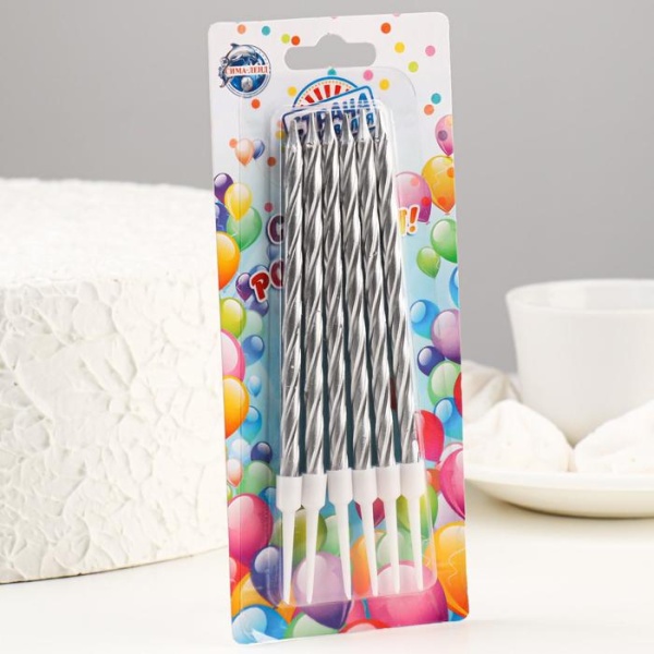 Свечи в торт "Металлик" , 14 см, 6 шт с подставкой, серебристые