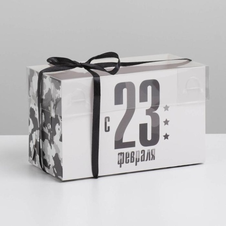 Коробка для 2 капкейков с пластиковой крышкой «23 февраля»