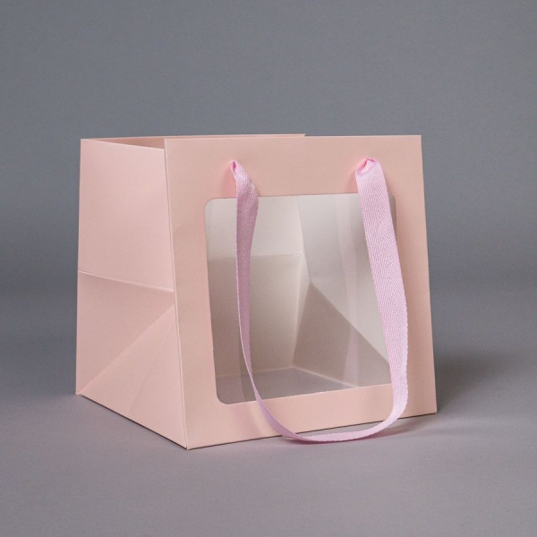 Пакет для торта с окном и квадратным дном 25х25х25 см, розовый