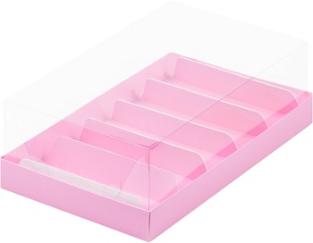 Коробка для эклеров и пирожных с прозрачным куполом 220*135*70 мм (5 ячеек), розовая