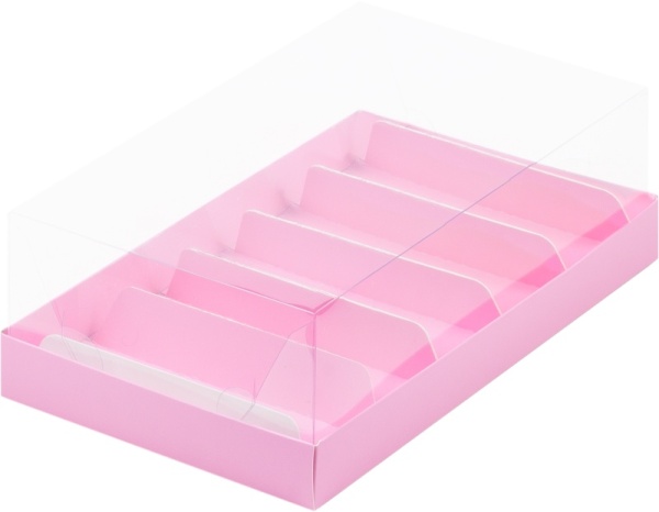 Коробка для эклеров и пирожных с прозрачным куполом 220*135*70 мм (5 ячеек), розовая