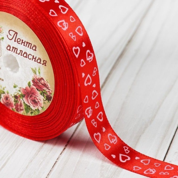 Лента атласная «Сердца», 15 мм × 23 ± 1 м, цвет красный №026