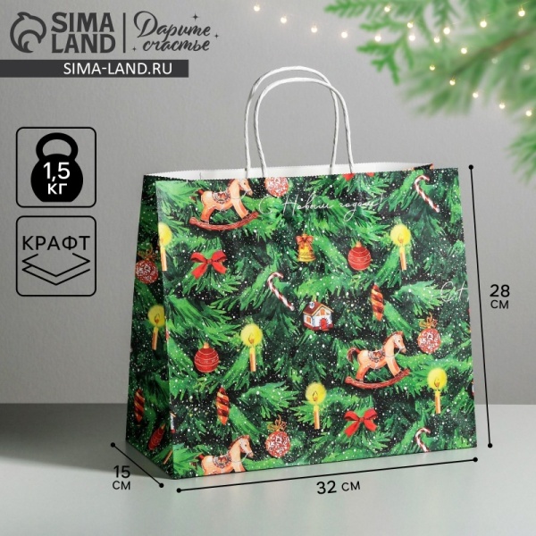 Пакет подарочный крафтовый «Новогодняя елочка», 32 × 28 × 15 см