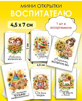 Мини-открытки "Воспитателю" 4,5 *7 см, в ассортименте, 1 шт