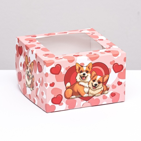 Коробка для 4 капкейков с окном, "Корги", розовая