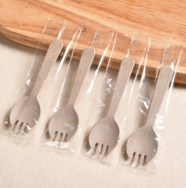 Вилка для бенто-торта из пшеничного волокна в индивидуальной упаковке, крафт, 11,4 см