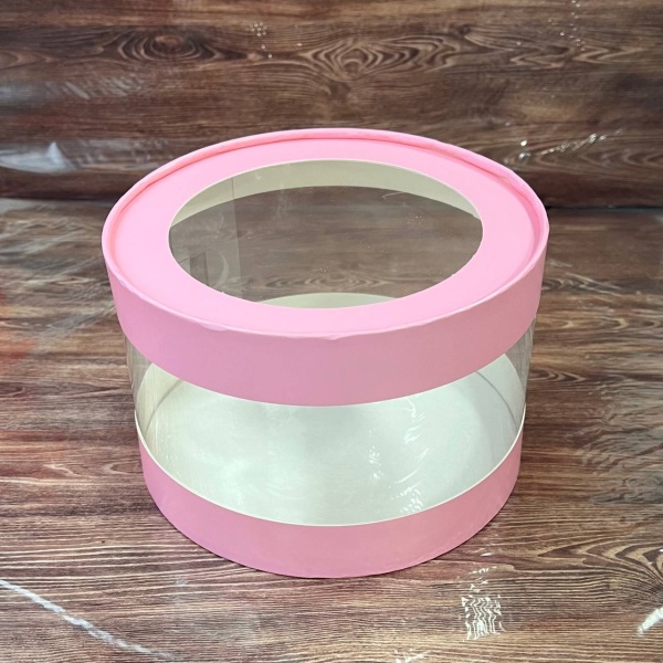 Коробка круглая с прозрачными стенками и окном 20*10 см, розовая (АКВАШАЙБА)