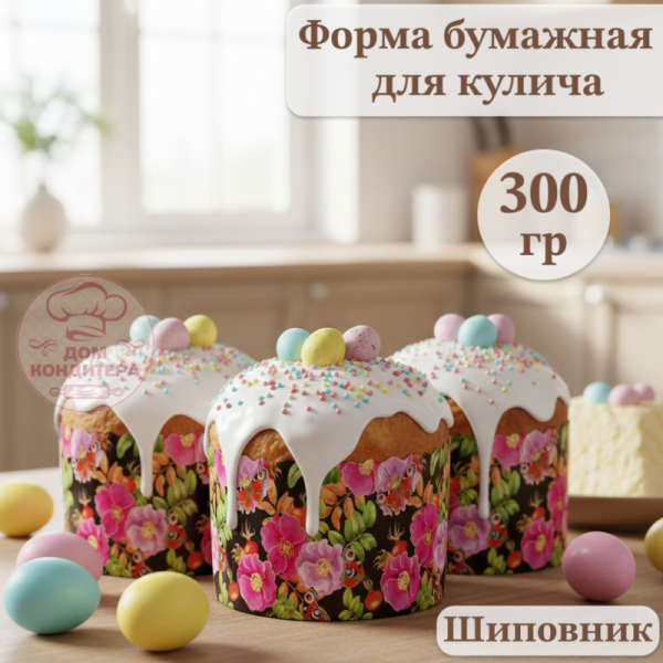 Форма бумажная для кулича на 300 гр Шиповник, d110*85 мм